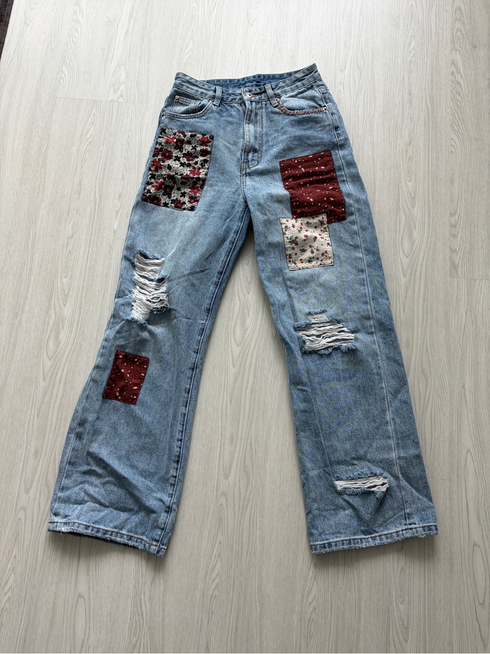 Light Blue Patchwork Distressed Women’s Jeans - Floral & Burgundy Patches